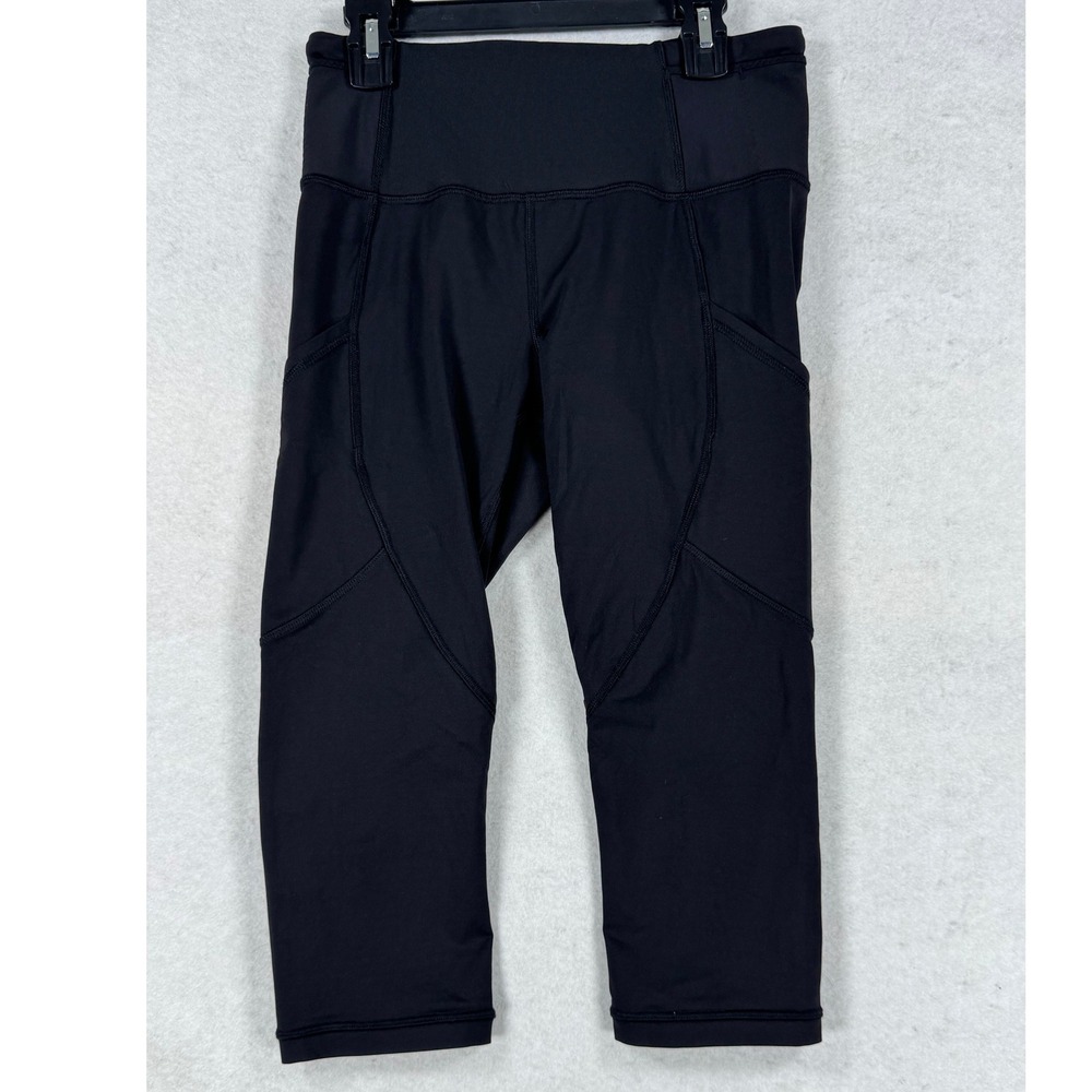 Lululemon Black High Rise Crop Leggings Ruched Back Mesh Pockets Size 6 - Picture 1 of 7